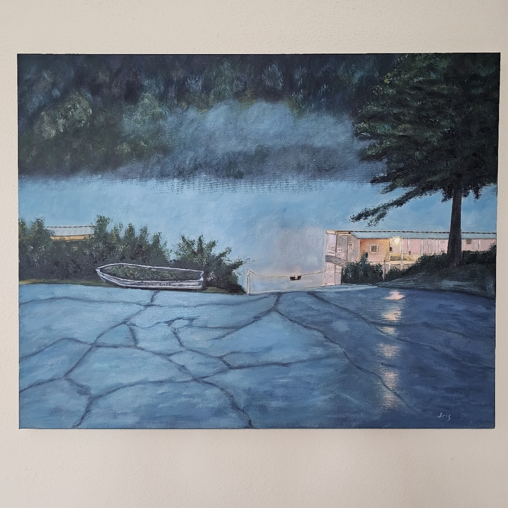 Big Original oil Painting Boat, River, Fog, Fishing